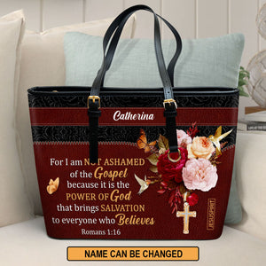 Pretty Personalized Large Leather Tote Bag - For I Am Not Ashamed Of The Gospel NUM467