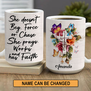 Gorgeous Personalized Flower And Cross White Ceramic Mug - She Prays, Works, And Has Faith NUH204A