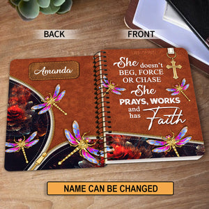 She Prays, Works, And Has Faith - Pretty Personalized Dragonfly Spiral Journal NUH274