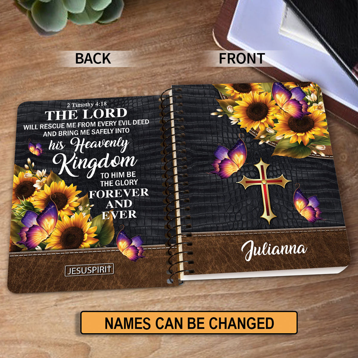 Personalized Sunflower Spiral Journal - The Lord Will Rescue Me From Every Evil Deed NUH288