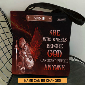 Who Kneels Before God Can Stand Before Anyone -  Personalized Christian Tote Bag NUM381
