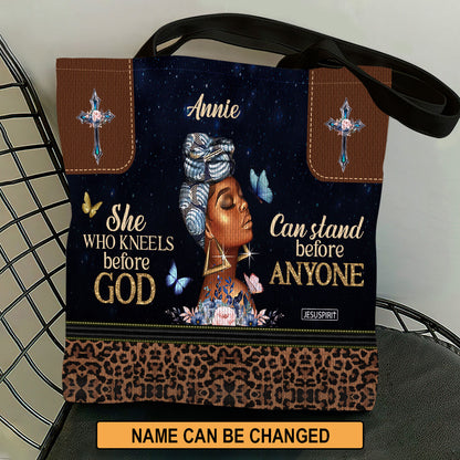 Lovely Personalized Tote Bag - She Who Kneels Before God Can Stand Before Anyone NUM484