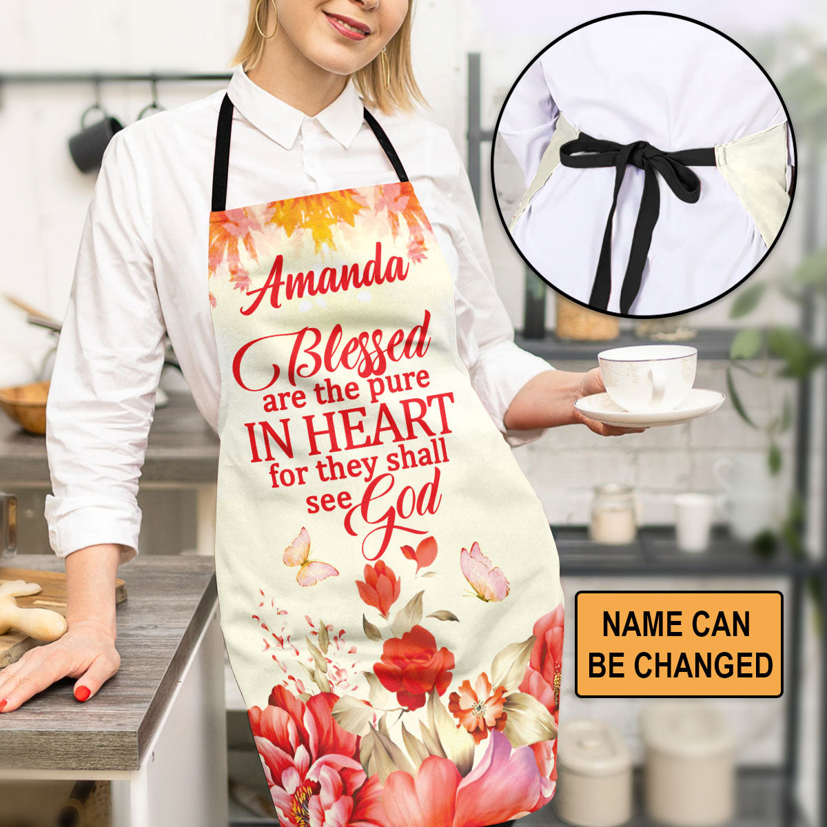 Jesuspirit | Blessed Are The Pure In Heart | Flower And Butterfly | Matthew 5:8 | Personalized Apron With Neck Strap APRM652