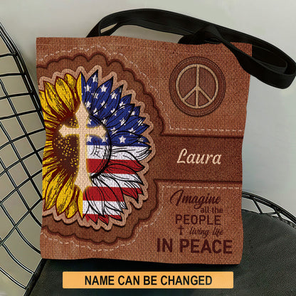 Lovely Personalized Sunflower Tote Bag - Imagine All The People Living Life In Peace NM147