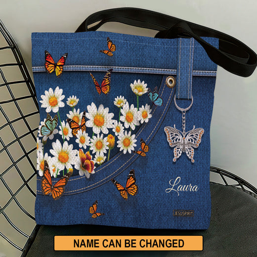 Lovely Personalized Daisy And Butterfly Tote Bag HM422