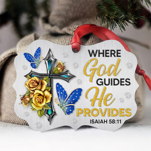 Pretty Cross And Flower Aluminium Ornament - Where God Guides, He Provides AO18