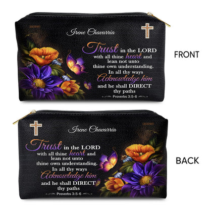 Jesuspirit | Proverbs 3:5-6 | Butterfly & Flower | Trust In The Lord With All Thine Heart | Spiritual Gifts For Her | Personalized Leather Pouch With Zipper H22