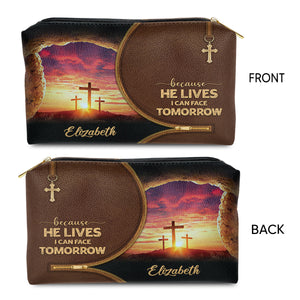 Jesuspirit | Inspirational Gift For Her | Personalized Zippered Leather Pouch | Because He Lives, I Can Face Tomorrow NUH267