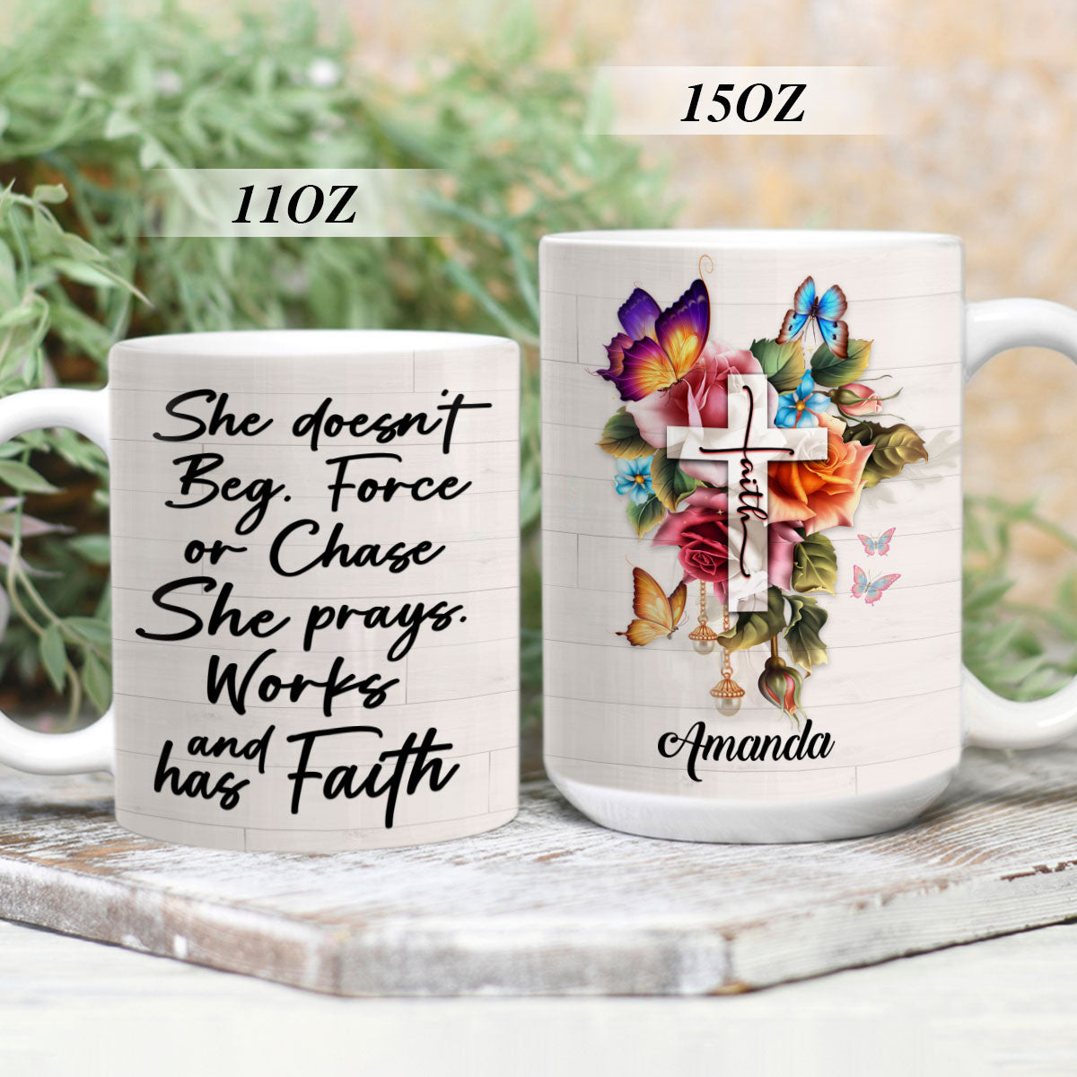 Gorgeous Personalized Flower And Cross White Ceramic Mug - She Prays, Works, And Has Faith NUH204A