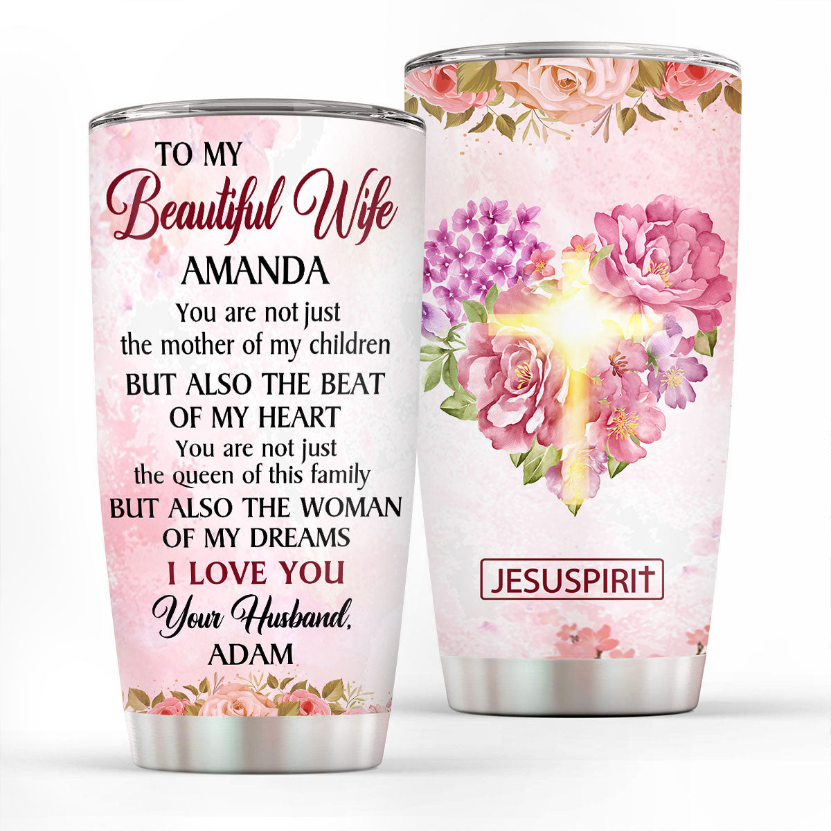 Lovely Personalized Floral Cross Stainless Steel Tumbler 20oz - I Can -  Jesuspirit