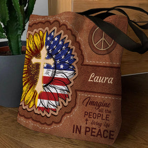 Lovely Personalized Sunflower Tote Bag - Imagine All The People Living Life In Peace NM147