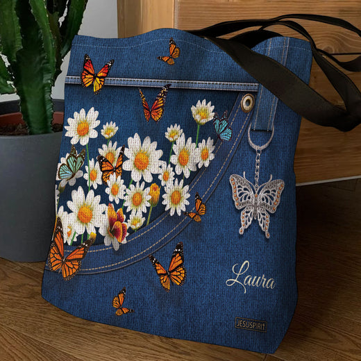 Lovely Personalized Daisy And Butterfly Tote Bag HM422