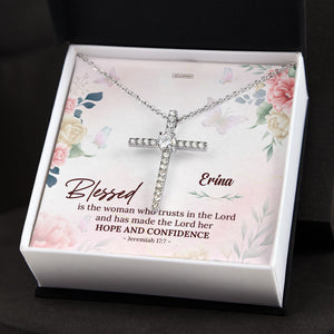 Pretty Personalized CZ Cross - Blessed Is The Woman Who Trusts In The Lord CZ09