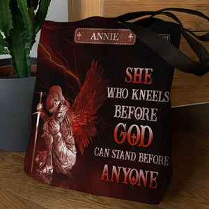 Who Kneels Before God Can Stand Before Anyone -  Personalized Christian Tote Bag NUM381