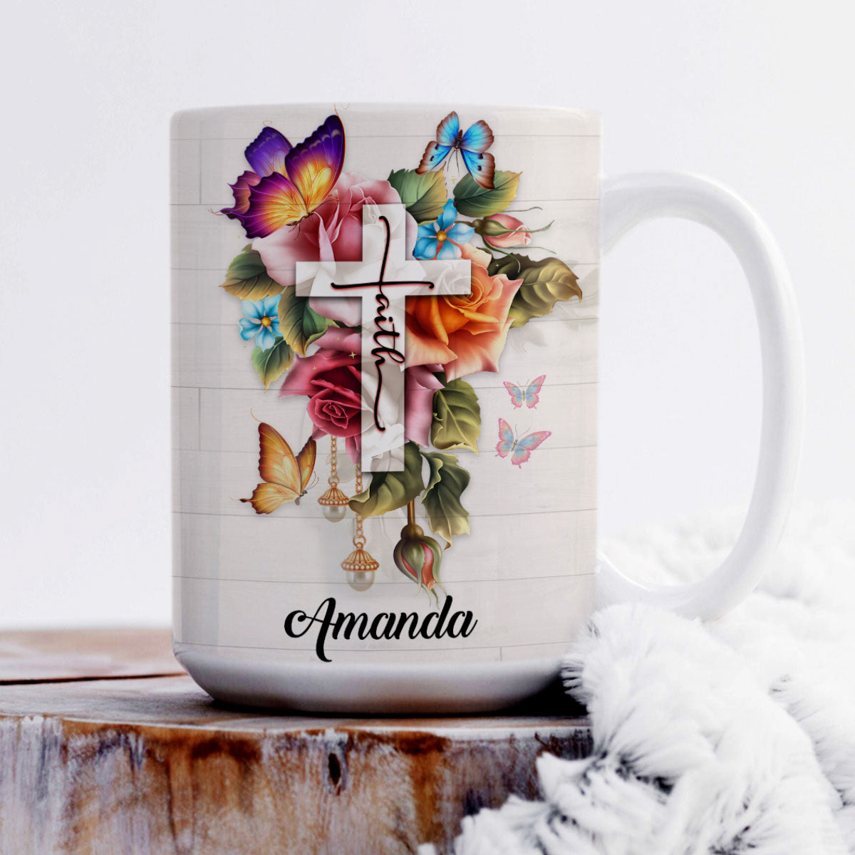 Gorgeous Personalized Flower And Cross White Ceramic Mug - She Prays, Works, And Has Faith NUH204A