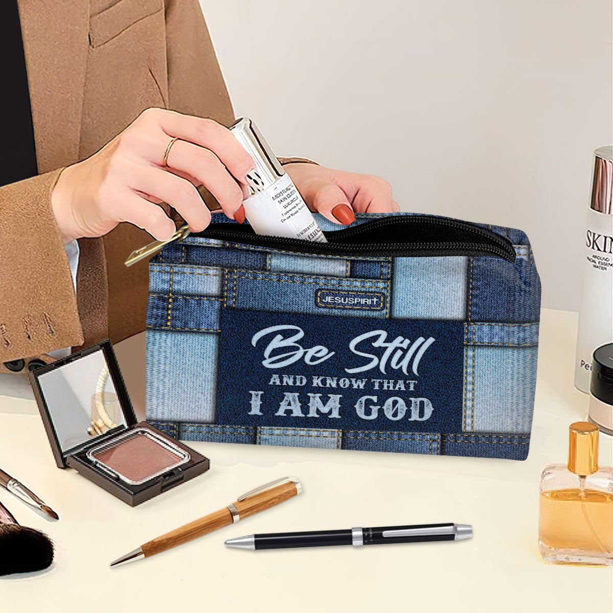 Jesuspirit | Psalm 46:10 | Personalized Zippered Leather Pouch | Spiritual Gift For Christian Mom | Be Still And Know That I Am God HN06