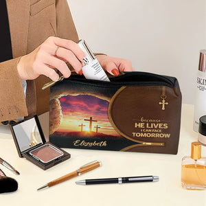 Jesuspirit | Inspirational Gift For Her | Personalized Zippered Leather Pouch | Because He Lives, I Can Face Tomorrow NUH267