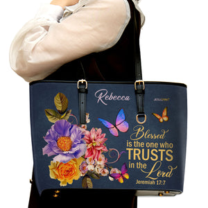 Jesuspirit | Personalized Large Leather Tote Bag With Long Strap | Blessed Is The Woman Who Trusts In The Lord | Jeremiah 17:7 | Christ Gifts With Bible Scripture For Women LLTBM680