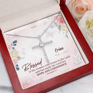 Pretty Personalized CZ Cross - Blessed Is The Woman Who Trusts In The Lord CZ09