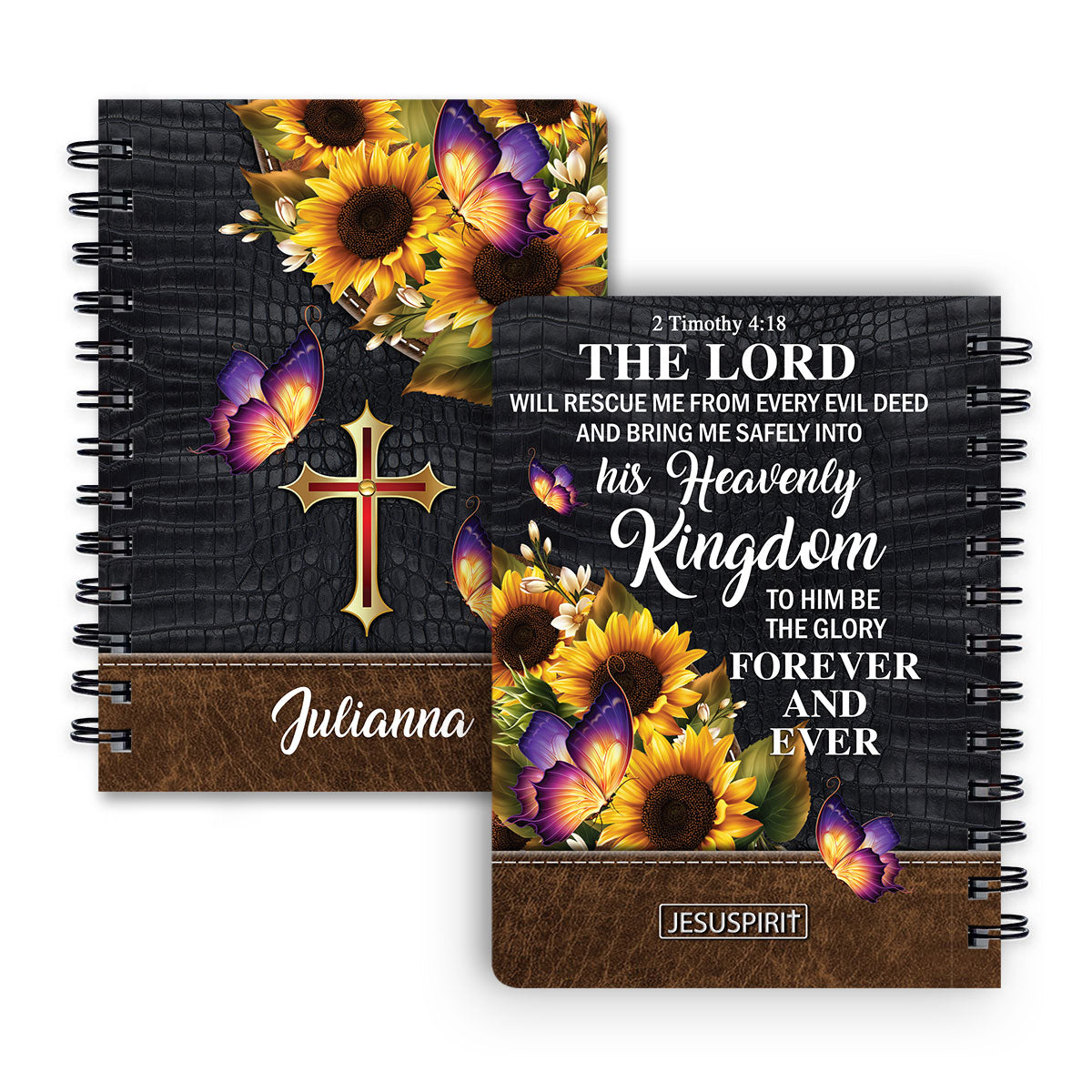 Personalized Sunflower Spiral Journal - The Lord Will Rescue Me From Every Evil Deed NUH288