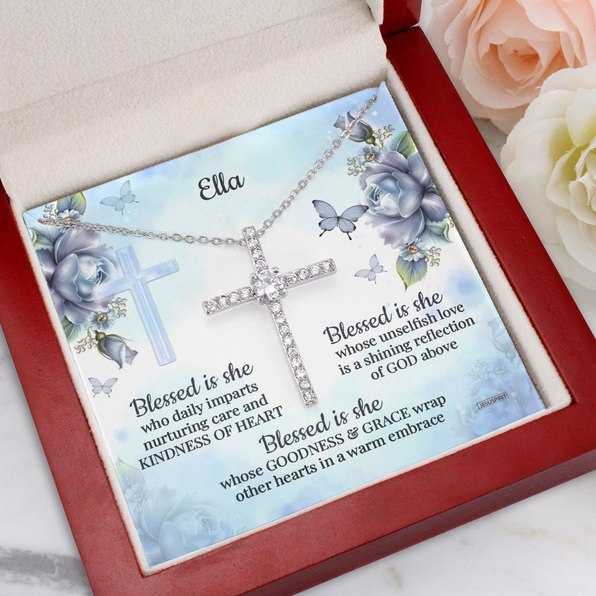 Beautiful Personalized CZ Cross - Blessed Is She Who Daily Imparts Nurturing Care CZ08