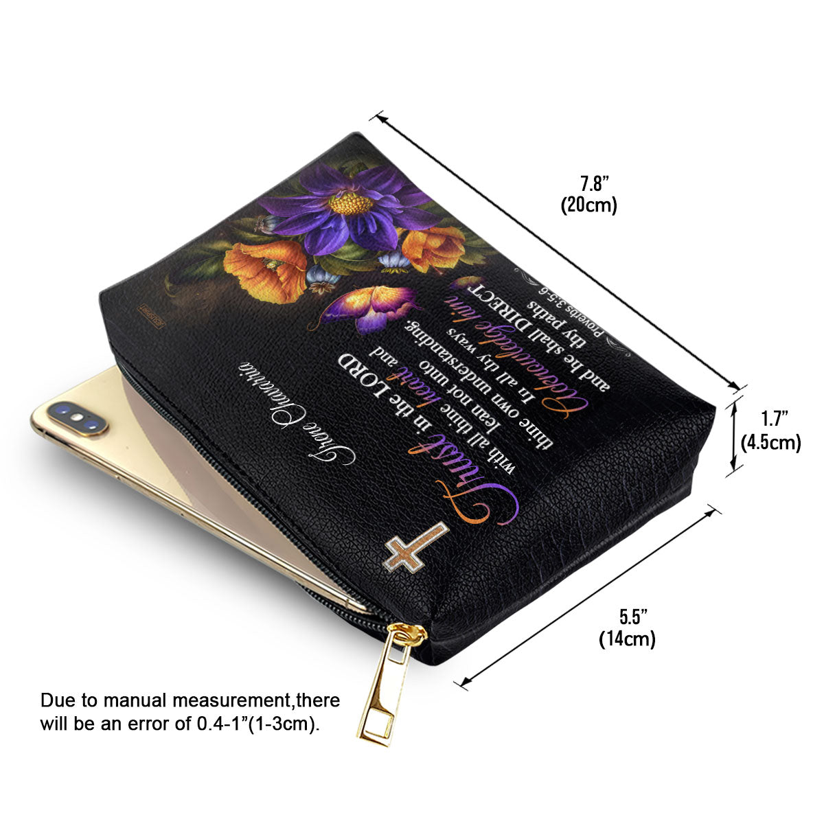 Jesuspirit | Proverbs 3:5-6 | Butterfly & Flower | Trust In The Lord With All Thine Heart | Spiritual Gifts For Her | Personalized Leather Pouch With Zipper H22