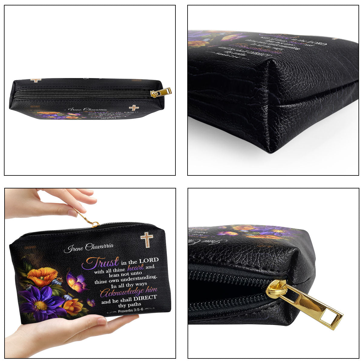 Jesuspirit | Proverbs 3:5-6 | Butterfly & Flower | Trust In The Lord With All Thine Heart | Spiritual Gifts For Her | Personalized Leather Pouch With Zipper H22